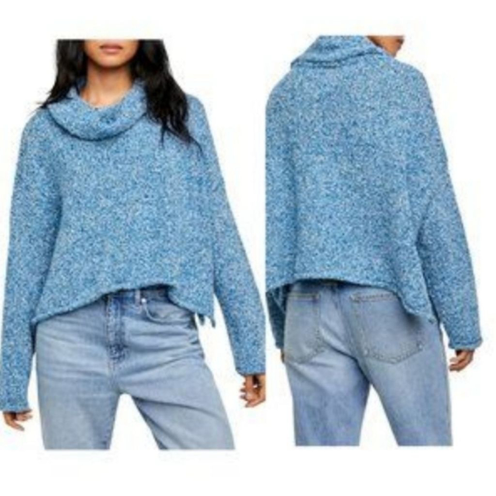 Free People BFF Cowl Neck Oversized Crop Fuzzy Slouchy Sweater Marine Blue L